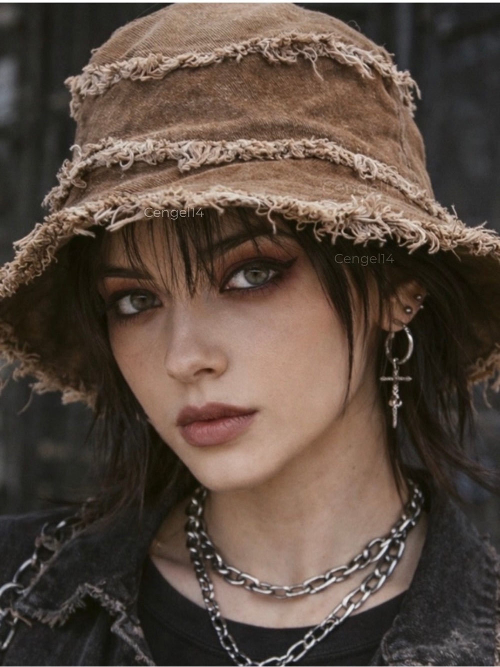 Reversible Distressed Denim Bucket Hat Brown Grunge Wired Brim NWOT